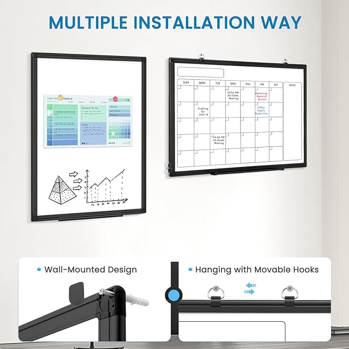 Monthly Calendar Dry Erase Whiteboard, 24" x 18" Magnetic Calendar White Board, Double-Sided Portable Board with Black Aluminium Frame for Office, Kitchen, School, Home