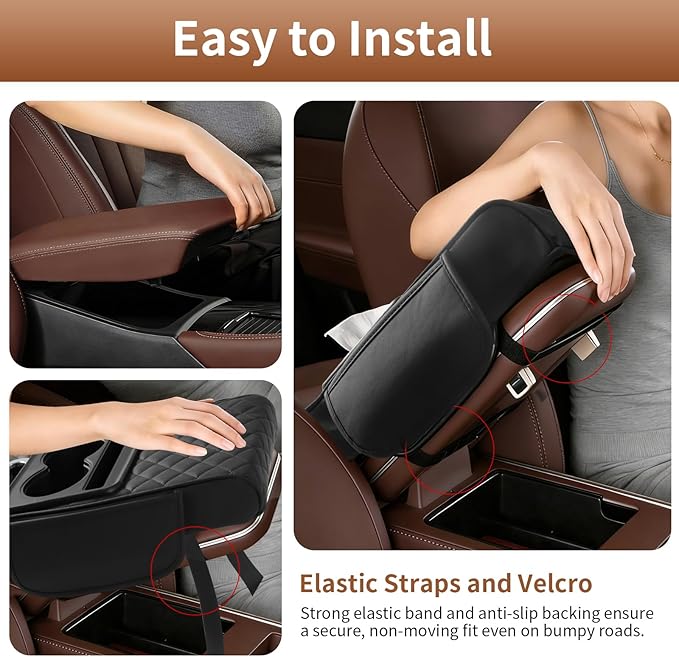 5-in-1 Universal Car Center Console Cover with Cup Holder, Upgrade Armrest Cushion for Car with Side Storage, PVC Leather Armrest Cover Pad with Phone Slot & Tissue Holder, Black