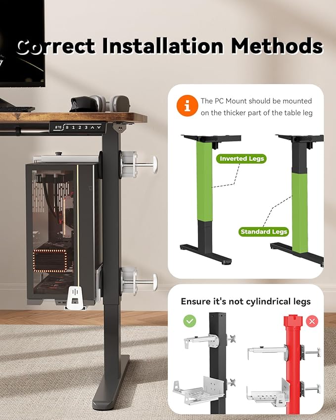 JOY worker Upgraded Under Desk PC Mount for Standing Desk, Clamp-On Desk Leg Computer Mount with Extra Protective Arms, Adjustable Computer Case CPU Holder Holds Up to 44lbs, White