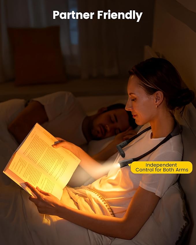 Glocusent Bendable Neck Light, 1600mAh Rechargeable Book Light for 100 Hrs, 5 Colors & Stepless Dimming Reading Light - Perfect Book Light for Reading in Bed, Knitting, Book Lovers Gifts
