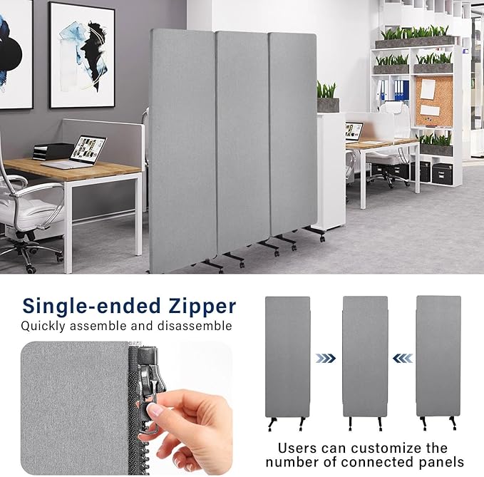 72" X 66" Partition Room dividers, 3 Panel Sound Proof Dividers for Office Partitions, Room Divider Privacy Panel with Wheels, Portable Temporary Wall for Office, Studio, School, Hospital(Light Gray)