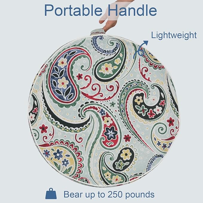 LVTXIII Indoor/Outdoor Inflatable Ottoman with Handle D21 x H9 Inch, Weather-Resistant Round Footstool Pouf for Patio Camping Living Room, Portable Footrest Extra Seating, Paisley Light Cyan