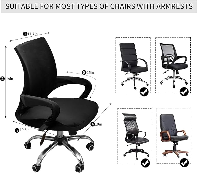 Velvet Office Chair Cover with Armrest Cover 18Inch Wide Stretch Black Small Desk Computer Chair Covers with Long Zipper Arm Slipcovers Washable