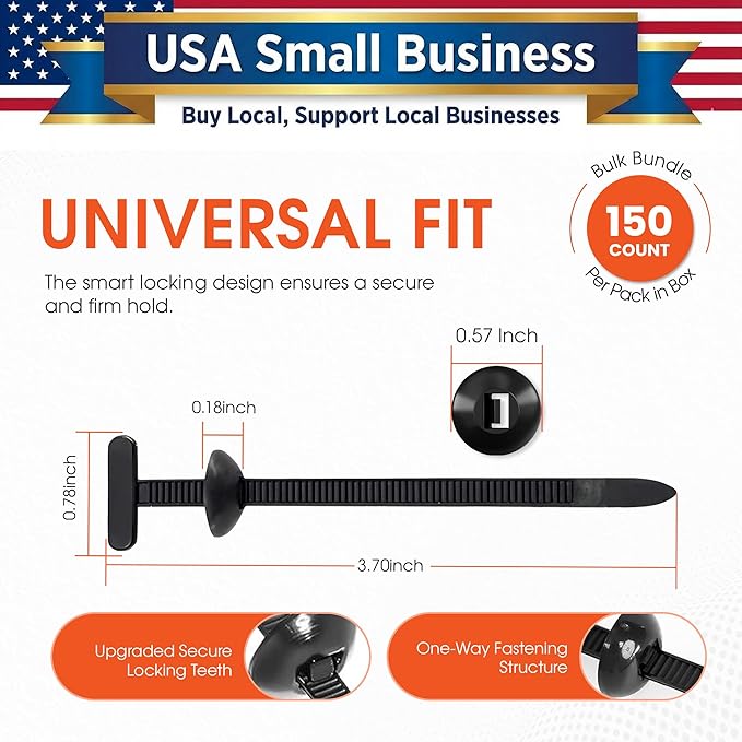 150 Pcs Nylon Universal Cable Tie Buckles — Heavy-Duty Zip Tie Buckle Clips with Pin & Button Design, Self-Locking, UV Resistant, Easy Install for Car Bumper, Fender & Auto Body Repair