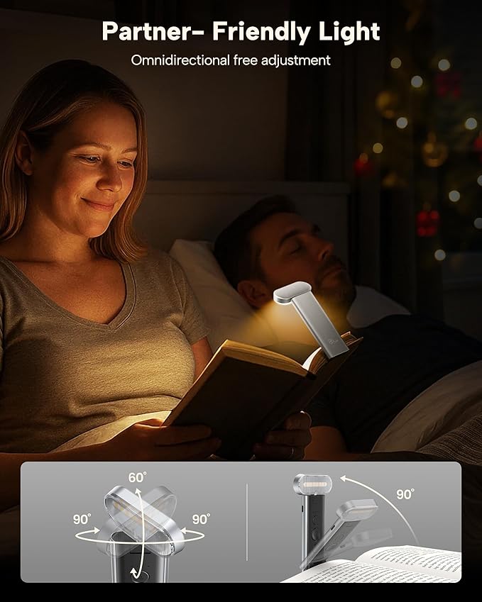86lux Book Light, Reading Light for Book in Bed, USB Rechargeable LED Night Light with 3 Colors & Stepless Dimming, Aluminum Alloy Bookmark Light for Book Lovers, Silver White