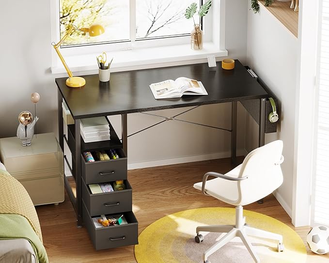 AODK 40 Inch Small Computer Desk with Fabric Drawers, Kids Study Desk for Bedroom, Home Office Desk with Storage Shelf & Bag for Small Space, Black