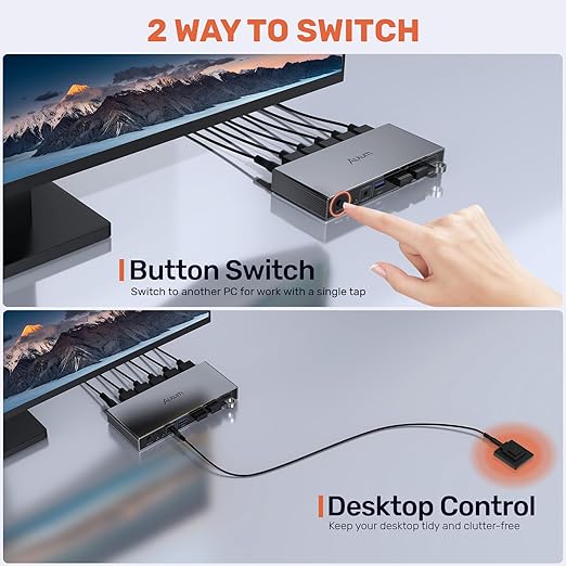 Alxum DP 1.4 KVM Switch–Two Computers Sharing One Monitor,Two Mode Switching,8K 60Hz Ultra HD, 4 USB A 5Gbps for Keyboards,Mouse,USB Drives,External Hard Drives,with Desktop Controller&DC5V Adapter