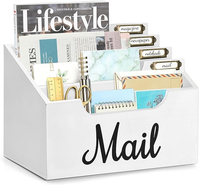 Rustic Wood Mail Organizer Countertop with 4 Slots, White Mail Holder for Desk, Removable Dividers Mail Sorter, Letter Bill File Organizer for Home Office Classroom, Desktop Organizer with Free Labels
