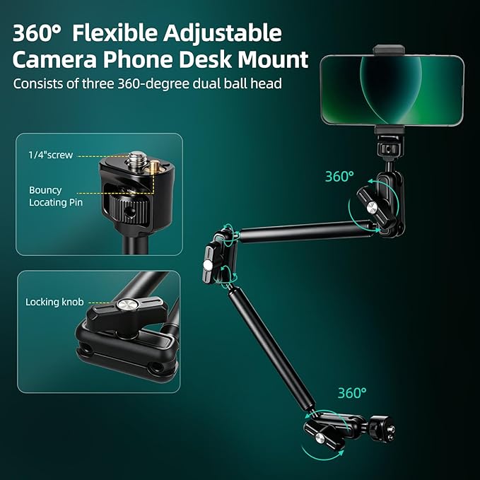 22" Magic Arm Clamp, Overhead Phone Mount Holder Stand, Flexible Desk Camera Mount, Articulating Friction Boom Arm with 1/4" 3/8" Threads for Phone, DSLR, Action Camera,Filming, Light, Webcam, Mic