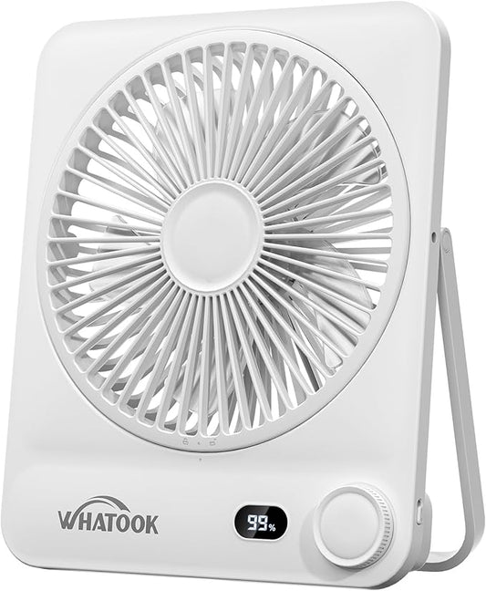 WHATOOK Large Travel Desk Fan: 10000mAh Battery 40 Hours Runtime Silent Rechargeable Fans, Quite Personal Portable Fan for Camping Bedroom Office Small Desktop fan (8.3 * 7.1inch White)