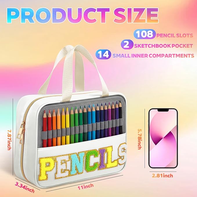Hillban 108 Slots Large Colored Pencil Case with Chenille Letter Patch Extra Large Capacity Interlayer Pencil Holder Organizer with Handle Zipper Portable Storage Bag Graduation Gift for Artist(White)