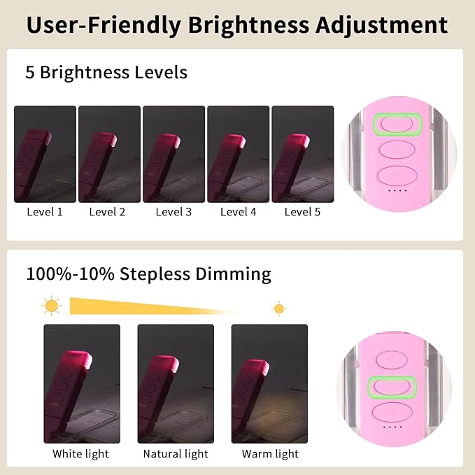 Clip On Book Light, USB Rechargeable Reading Light with 3 Color Modes, 5 Brightness Levels, Flexible Clamp Arm for Bed and Travel(Pink, Clip On)