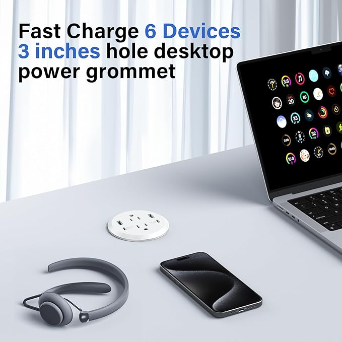 Desktop Power Grommet,GaN 65W USB C Fast Charging Station,2 AC Outlets,4 USB Ports in to the Top,Flush Mount Power Grommet 3'' Hole,Countertop Recessed Outlet White