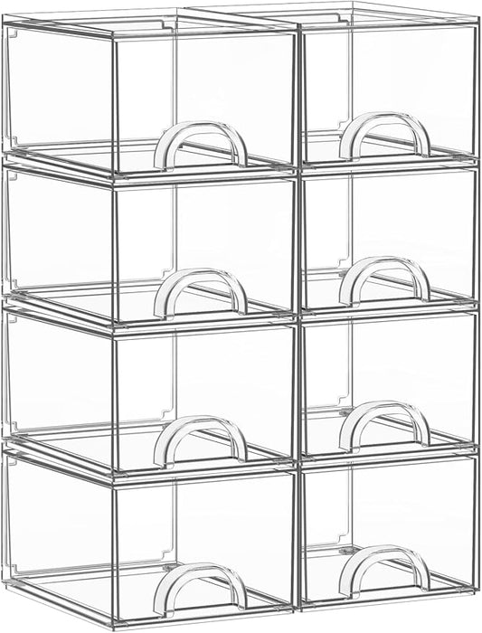 8 Pack Clear Stackable Acrylic Storage Boxes Storage Drawers, Storage Organizer, Clear Plastic Makeup Organizer, Ideal for Vanity, Cabinet, Desk Organization