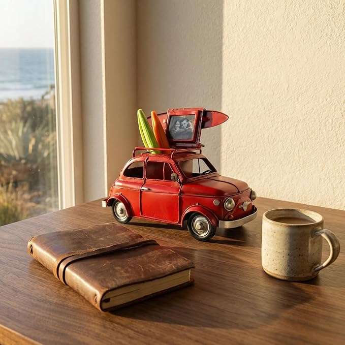 Vintage Photo Frame Pen Holder Car Model Handcrafted Iron Art Car Sculpture Two in One Multi Functional Storage Container with Luggage Compartment and Surfboard Decorations Ideal Gift