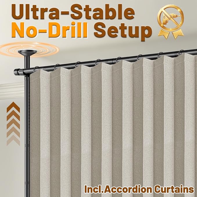 AJAZZ Room Divider Curtain (Cream White, W100 x L96 in,1 Panel)+ Curtain Rods No Drilling Adjustable Tension (H) 43-120×(W) 35-100 in, Heavy Duty Wall Divider for Apartment/Dorm