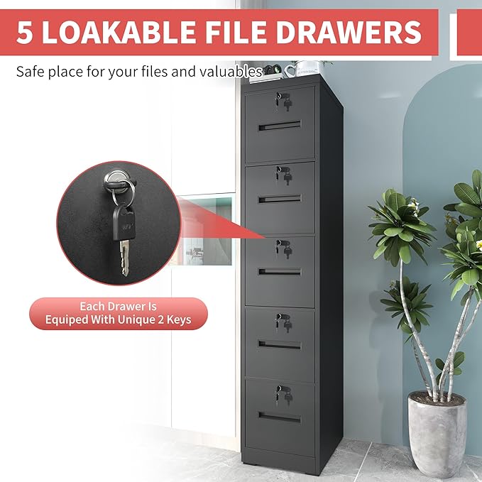 IKIMI 5 Drawer File Cabinet with Lock,Vertical Filing Cabinet with 5 Lockable Drawers,Black Metal File Cabinet for Home Office Steel File Cabinets for A4/Letter/Legal Size File,Assembly Required