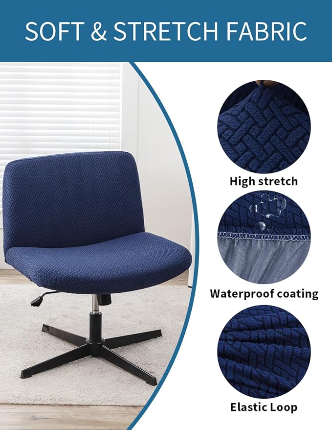 LavishCover Armless Chair Cover Office Desk Chair Cover, Waterproof and Elastic Criss Cross Chair Cover, Exquisite Vanity Chair Cover, Mid Back Wide Seat Accent Chair Covers(Nave-Blue,T-Type)