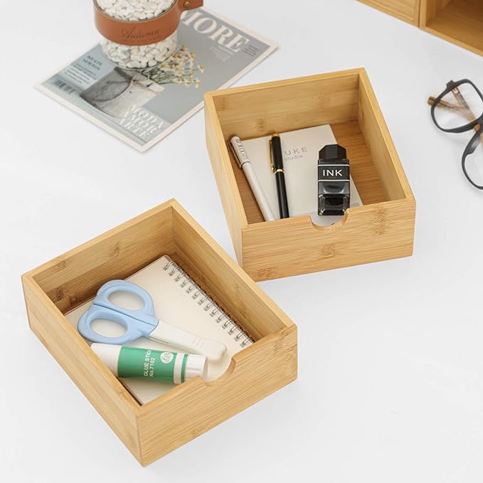 Wisuce Bamboo Desk Drawer Organizer, Desktop Organizer with Drawers Tabletop Storage Organization Box for Office Home Toiletries Supplies Vanity, No Assembly Required(3 Drawers-left right)