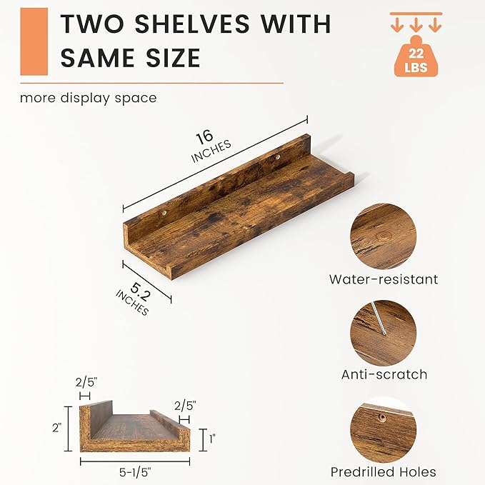 FLYJOE Picture Ledge Shelf, Floating Shelves Set of 2, 16 Inches Nursery Book Shelves for Toys Storage, Kids Bookshelf Wall Mounted for Living Room Bedroom Decor Books Photo Frames, Rustic Brown