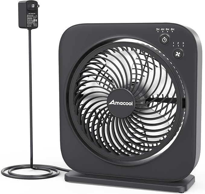 AMACOOL Table Fan, 12 inch Box Fan with 3 Speeds & 8HRS Timer, 270° Pivoting Quiet Air Circulator, Desktop Fan for Bedroom Bathroom Kitchen Office, AC Adapter Included, Co-Branded with Cmyfato-Black