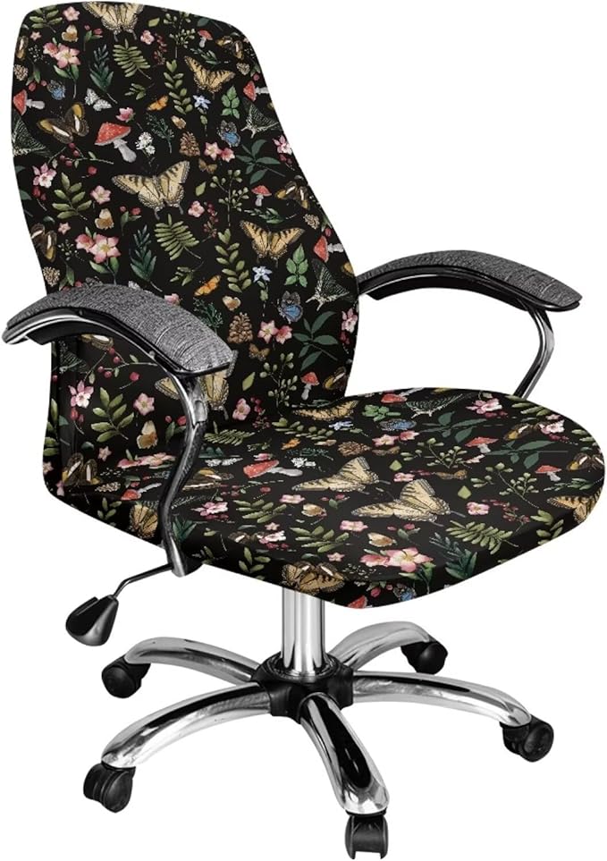 Talayituse Butterfly Mushroom Flower Print Office Chair Cover Jacquard Armrest Swivel Chair Slipcovers Removable Stretch Universal Computer Chair Cover, S