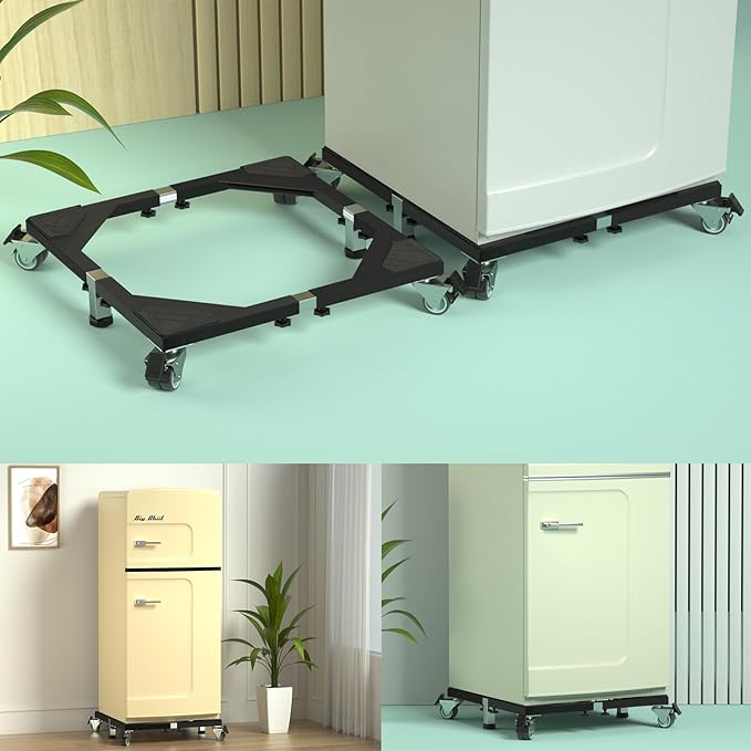 Heavy Duty All Steel Fridge Stand Mobile Base with Wheels Adjustable Washing Machine Stand Multi-Functional Base Furniture Dolly for Refrigerator Washer and Dryer（Black/Large）