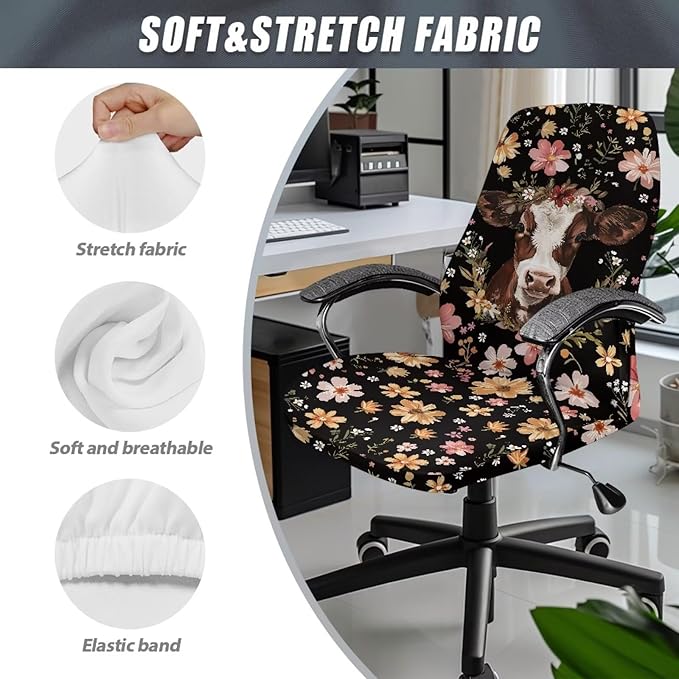 Talayituse Cow Flower Print Office Chair Cover Stretchable Desk Chair Cover Universal Rotating Computer Chair Cover Washable Office Chair Seat Cover Armchair Cover Slipcover for Desk Computer Chair, L