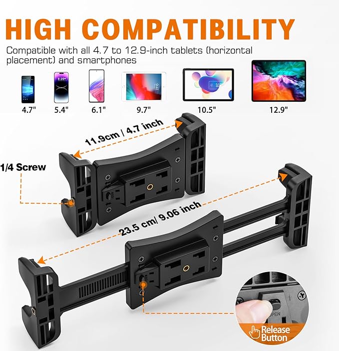 Tablet Holder for Microphone Stand, Mic Stand Tablet Holder for iPad, 360° Adjustable Clip-on Phone Mount for Shee Music Stand, Fits Devices from Screen Size 4.7 to 12.9”