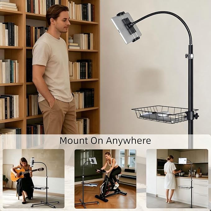 wishacc Rolling Tablet Floor Stand with Industrial Wheels & Storage Basket, Adjustable Height Gooseneck Tablet Stand Floor Holder for iPad Pro 12.9, Air, Mini, Cell Phones (Medium)