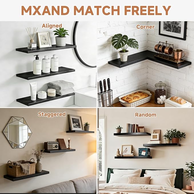 Easy Install Floating Shelves, 15.6 Inch Wall Mounted Wooden Shelf, Small Hanging Shelf for Home Decor, Books and Storage, Organizer for Bedroom, Bathroom, Kitchen, Set of 3, Dark Black