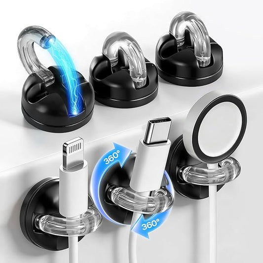 6 Pack 360° Rotatable Magnetic Cable Clips, Under Desk Cable Holder, Acrylic Adhesive Cord Holder, Wire Cord Organizer for Phone Charger Cords, Home Office Car Wall Desktop(Black)