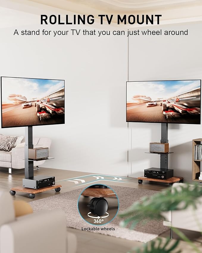Heavy Duty 32 to 75 Inch Mobile Rolling TV Floor Stand Holds up to 132 lbs, TV Cart with Glass Shelf, Height Adjustable Portable TV Stand with Locking Wheels, Max VESA 600x400mm, Black