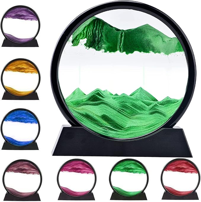 rysnwsu 3D Dynamic Sand Art Liquid Motion, Moving Sand Art Picture Round Glass 3D Deep Sea Sandscape in Motion Display Flowing Sand Painting Relaxing Desk Toys (Green, 7'')