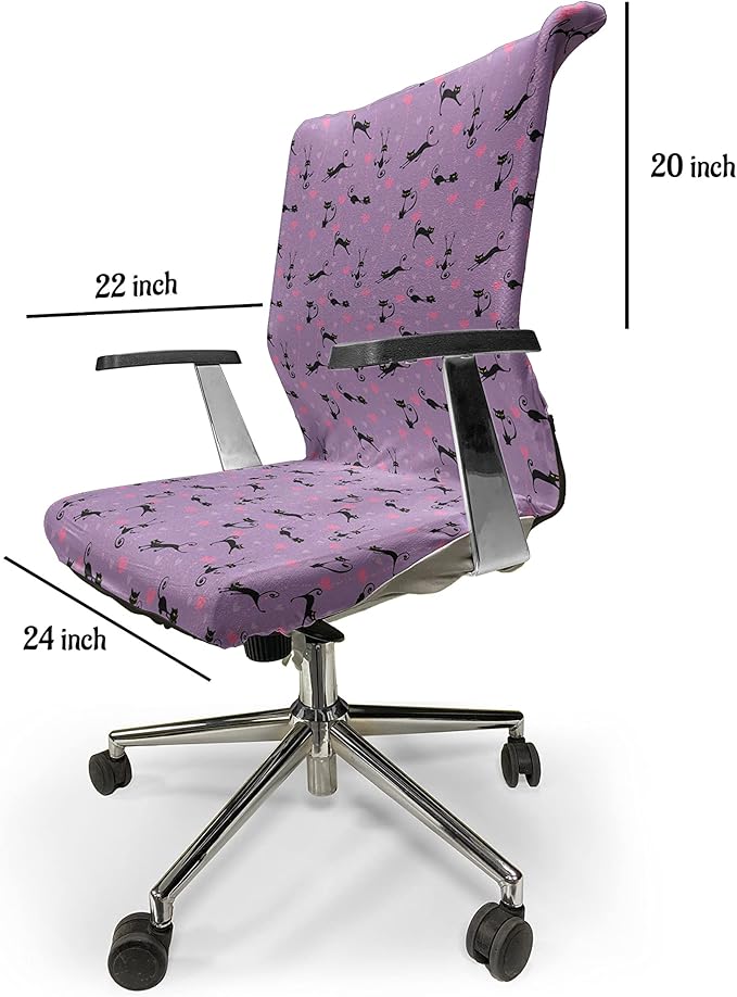 Ambesonne Cat Office Chair Cover, Funky Romantic Pattern with Little Hearts Funny Jumping Black Cat Characters, Stretchable Decorative Universal Size High Back Printed Slipcover, Lavender Black