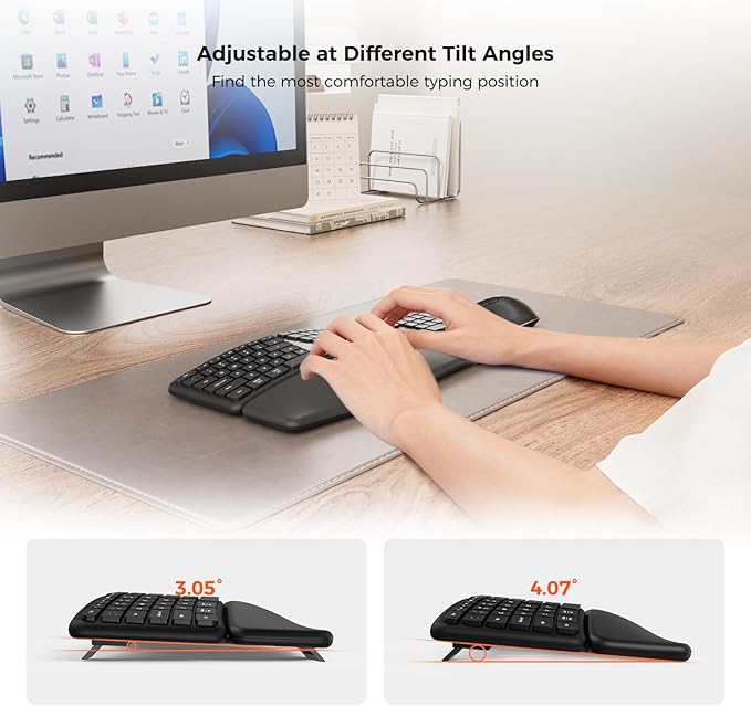 KYSONA Ergonomic Keyboard Mouse Wireless Combo, Full Size Bluetooth Split Keyboard with Wrist Rest, 4 Level DPI Ergo Mouse for Windows Mac OS Computer, Black