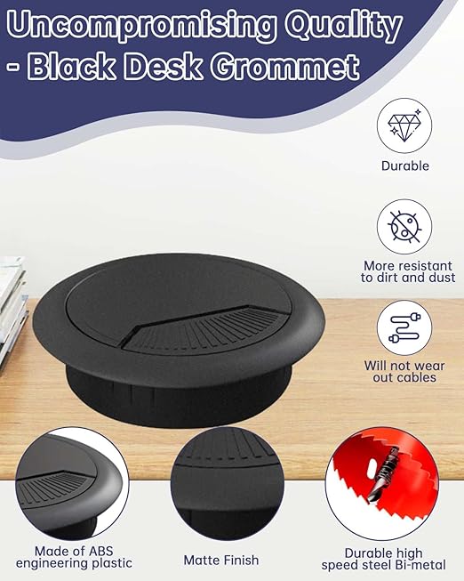 Desk Grommet & Cable Grommet 2-3/8 Inch (10 Pack) - Black Cord Hole Cover with Hole Saw - Cable Management Kit for Office Desk, TV Stand, Workstation - Hide Wires Behind Wall, Cable Pass Through