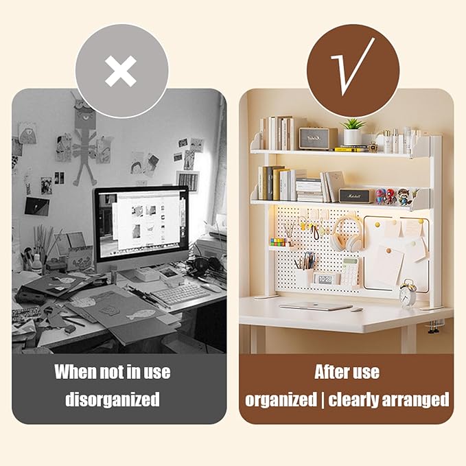 Clamp On Desk Organizer Shelf with Perforated Panels and Shelving Unit, Clamp-on Above or Under Desktop Storage Shelf for Office Home Dorm Desk