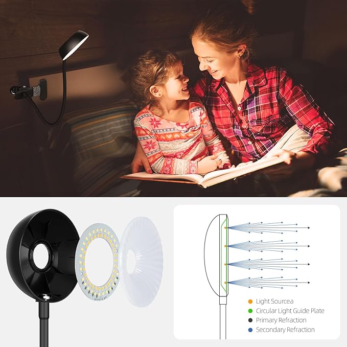 LiFMIRA Reading Light for Beds Headboards, Clip on Light LED Reading Book Light with Clamp Eye-Friendly Desk Lamp 3 Color Modes & 10 Brightness Flexible Reading Lights for Books in Bed Bedside Black