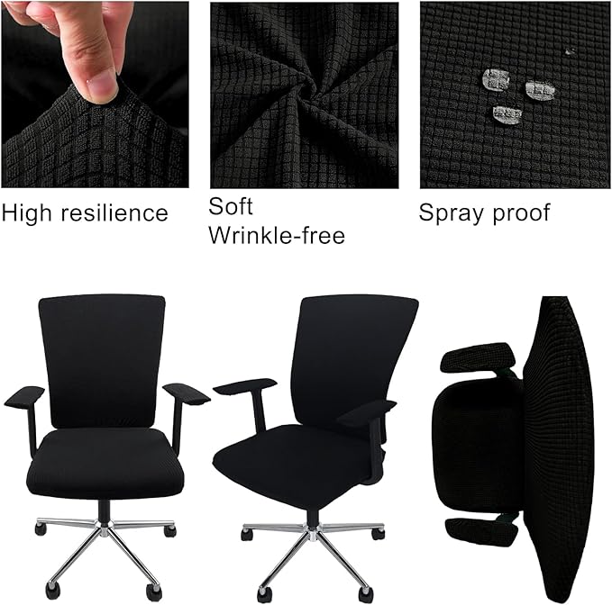 4Pcs Office Chair Covers Stretchable Set Desk Chair Cover Computer Chair Cover with 4 Non-Slip Elastic Straps Protective Armrest Slipcovers Pads Backrest Cushion for Rotating Chair (Black)