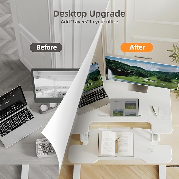 Claiks Standing Desk Converter 32 inch, Height Adjustable Sit Stand Up Desk Riser, Quick Sit to Stand Tabletop Dual Monitor Riser Workstation for Home Office with Keyboard Tray, White
