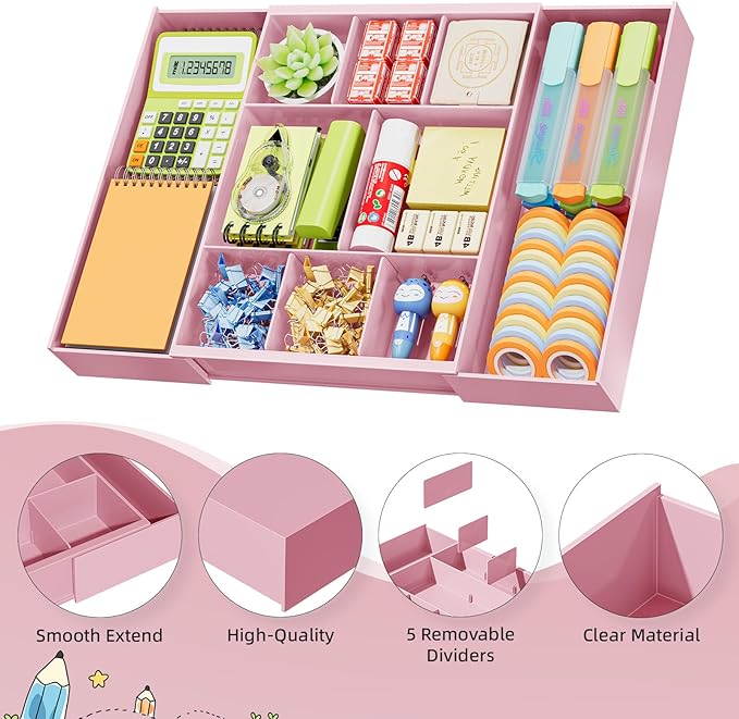 Marbrasse Expandable Desk Drawer Organizer, Clear Plastic Drawer Organizer Tray with 10 Adjustable Compartments, Desk Organizers and Accessories, 5 Drawer Dividers for Office Supplies, Makeup (Pink)