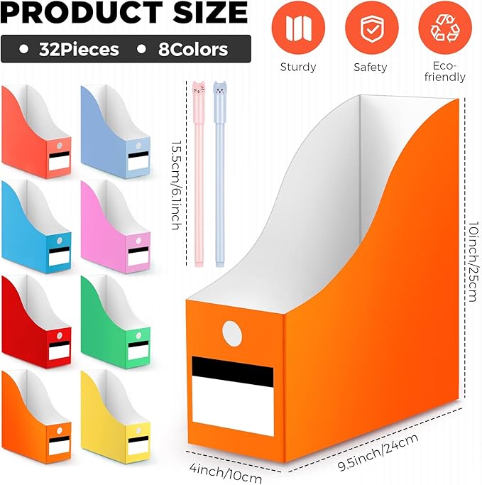 Jutom 32 Pcs Magazine File Holder Set Including Colored Foldable Desk File Holder Organizer White Label Stickers Cat Pen Cardboard Magazine Storage Box for Document School Office(Solid,Classic)