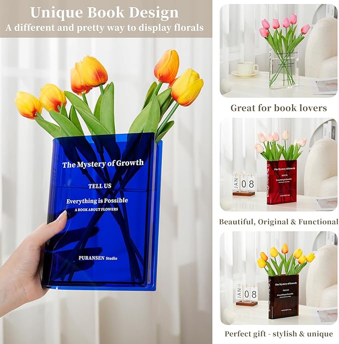 Puransen Blue Book-Shaped Vase for Flowers - Aesthetic Room Decor for Modern Home/Office, Minimalist Shelf Organizer with Floral Display, for Book Lovers & Interior Design Enthusiasts