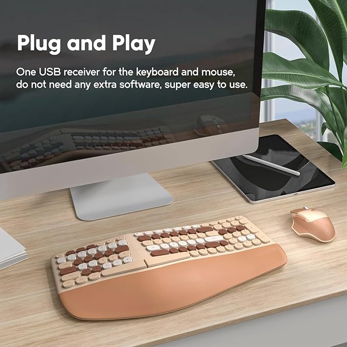 Wireless Ergonomic Keyboard and Mouse Combo with PU Wrist Rest, Carpal Tunnel Keyboard, 2.4G Colorful Split Ergo Keyboard, Comfortable Natural Typing, Compatible with PC/Laptop (Milk Tea)