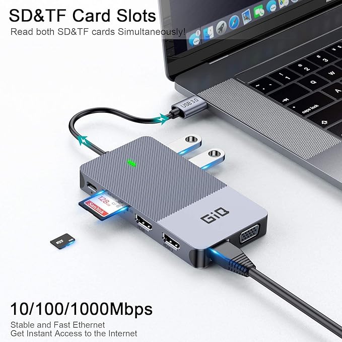 USB Docking Station GIQ USB C HUB USB 3.0 to Dual HDMI VGA Adapter Triple Display USB C Laptop Docking Station Dual Monitor HDMI Splitter Extender Compatible with MacBook M1 M2 M3 USB Dock-Grey