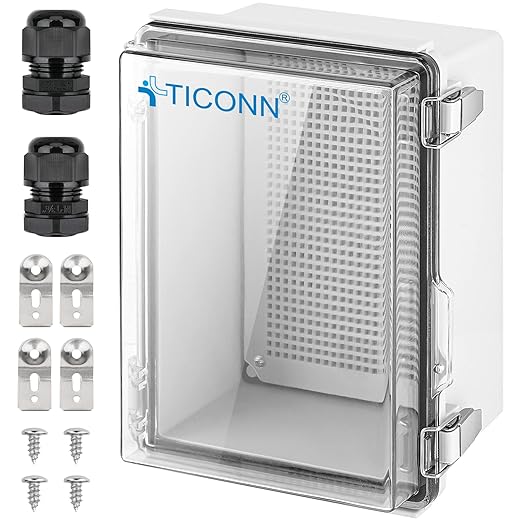 TICONN 2PK Outdoor Electrical Box Waterproof, Junction Box IP67 ABS Plastic Enclosure with Hinged Cover with Mounting Plate, Wall Brackets, Cable Glands (Clear, 11"X7.5"X5.5")