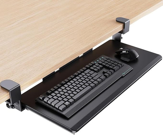 HUANUO Keyboard Tray Under Desk, Keyboard Holder with C-Clamp Hardware, 26.5″ W x 11.8″ D Slide Out Computer Keyboard & Mouse Tray for Home Office, Black, HNKB12B, Large
