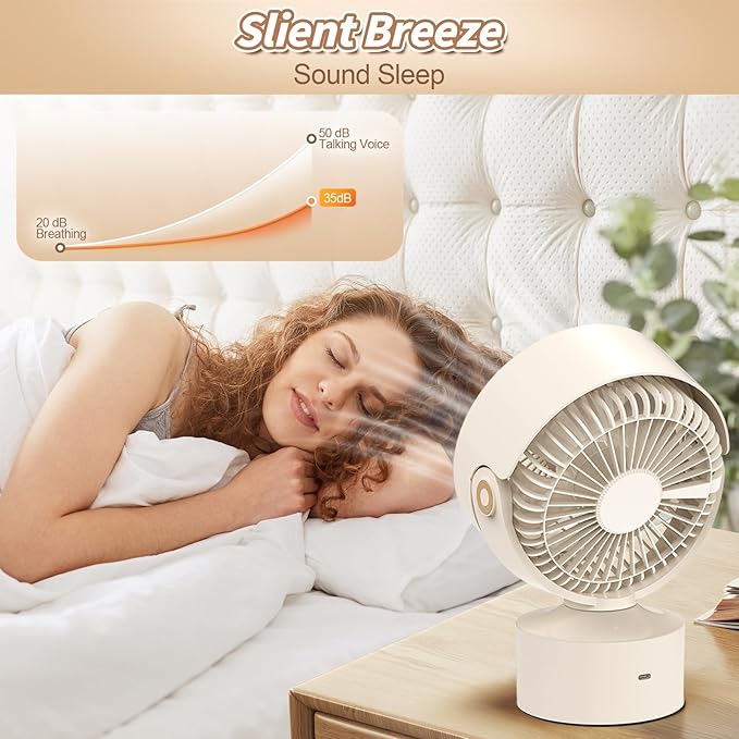 Desk Fan Small Oscillating for Bedroom, 9 Inch Quiet Desk Fan Air Circulator with 3 Speeds, 4H Timer, Rechargeable Desk Fan for Office/Dorm/Room-Beige
