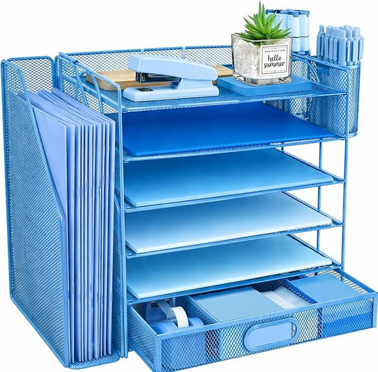 Desk Organizers and Accessories with File Holder, 6-Tier Paper Letter Tray Organiser with Drawer and 2 Pen Holder, Mesh Desktop Document Organizer for Office Supplies, Workspace - Blue